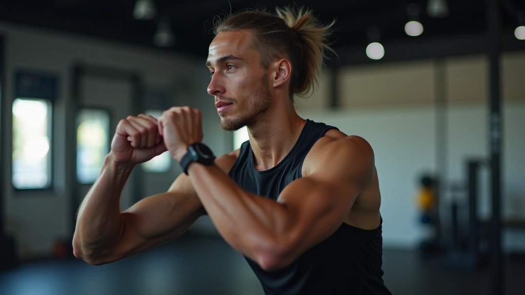 Persoon trainingsoefeningen uitvoerend, gefocust op vorm en techniek, sportkleding, helder verlicht