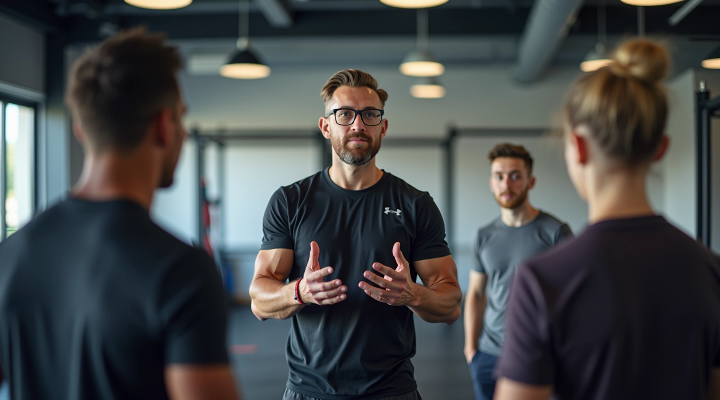 Professionele training sessie in moderne sportschool, atletische trainer met groep jongeren, gefocust op coaching moment, heldere sportschool omgeving, dynamische sfeer