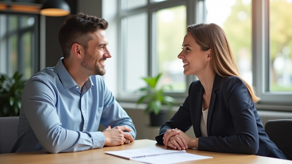 Twee mensen in gesprek, constructieve communicatie, open lichaamstaal, kantooromgeving