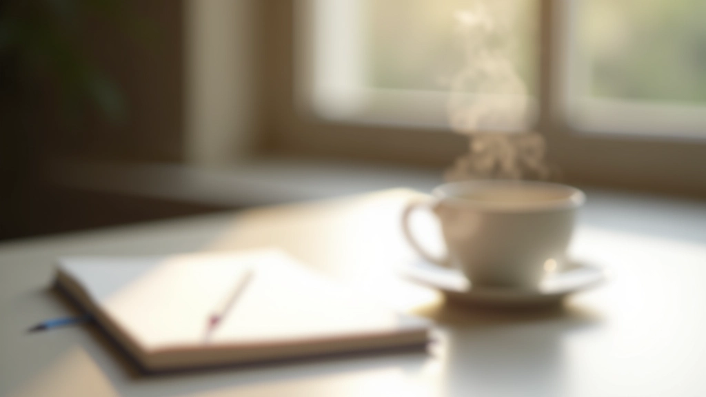Morgenstille tafel met minimalistisch ingesteld dagboek, potlood en kopje thee