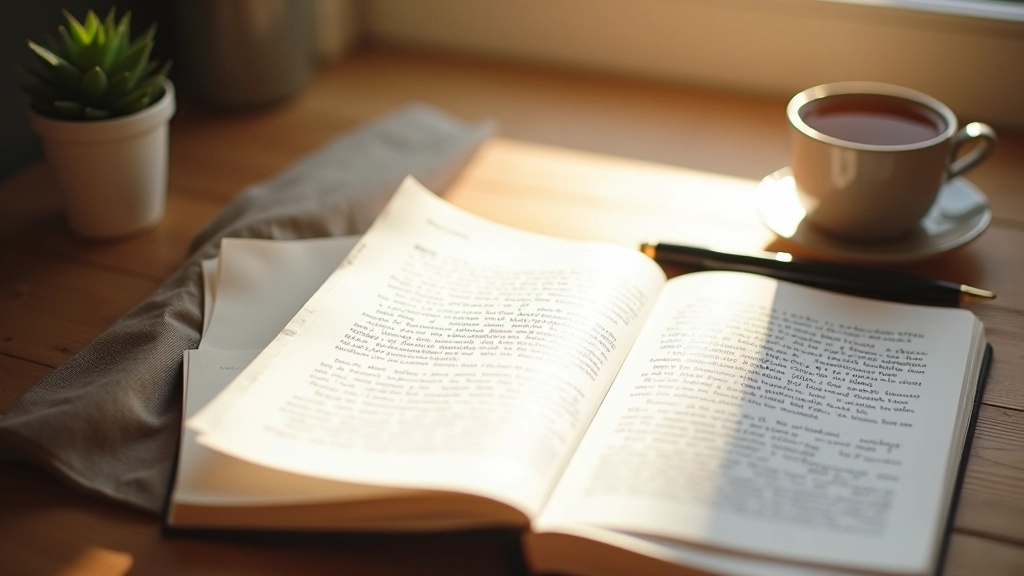 Open dagboek met pen op bureau, kopje thee ernaast, warme ochtendlicht door raam