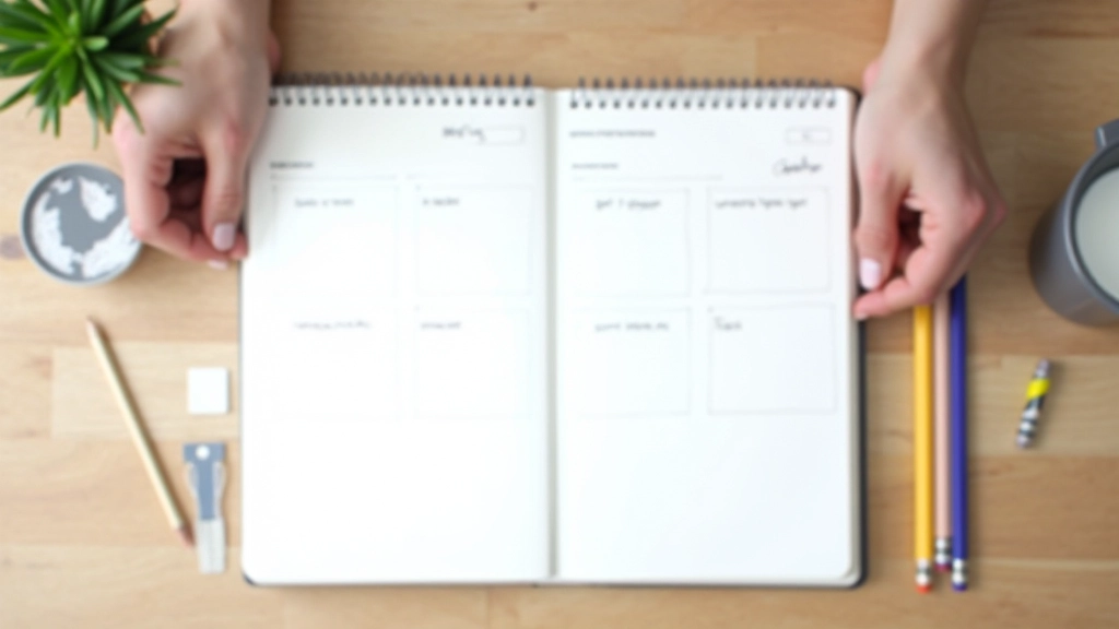 Notitieblok met bullet points en planningsstructuur, kleurpotloden, kantoortafel, georganiseerd werkstation