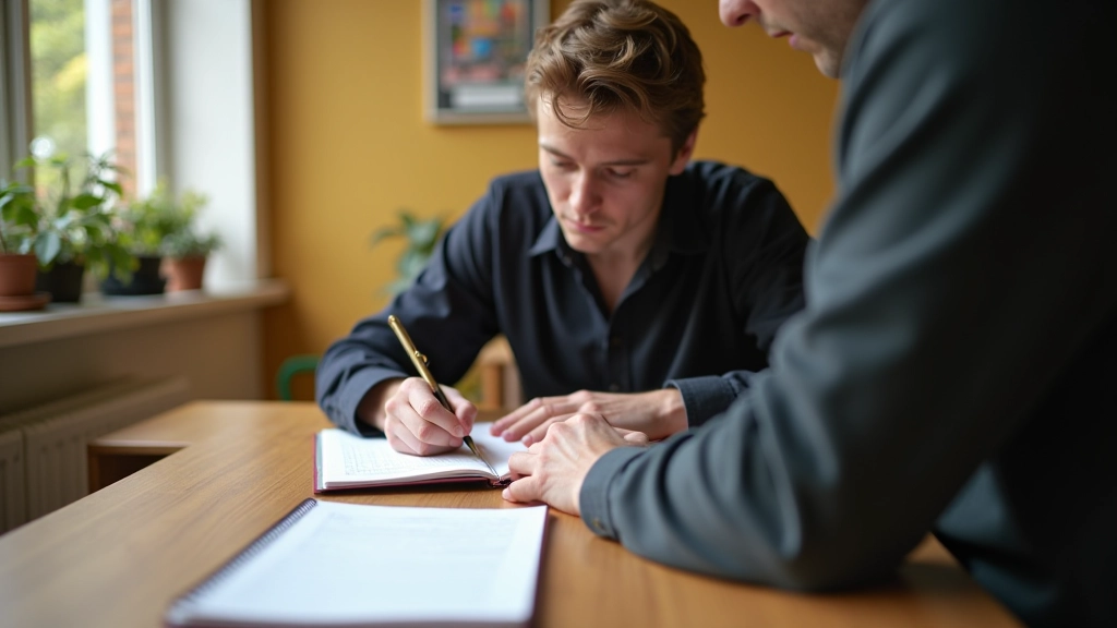 Persoon schrijvend in notitieboek aan houten tafel, reflectie en voortgang, warm daglicht