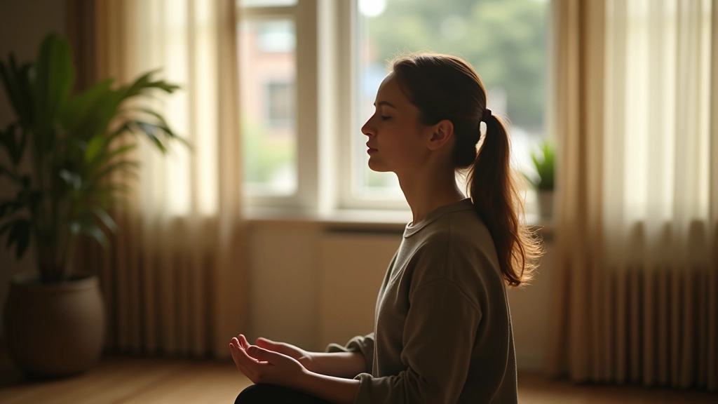 Persoon aan het mediteren in rustige ruimte, gefocust gezicht, natuurlijk licht door raam, vredige omgeving, mindfulness moment