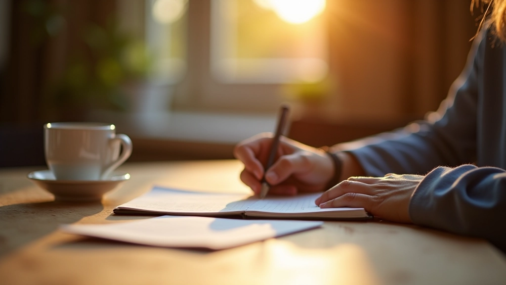 Persoon schrijft in journal aan houten bureau, kopje koffie, ochtendlicht door raam, geopend notitieboek