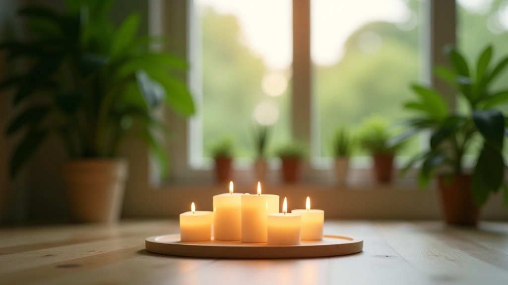 Rustige meditatieruimte met kaarsen en plantjes, natuurlijk licht door raam, vredevol interieur